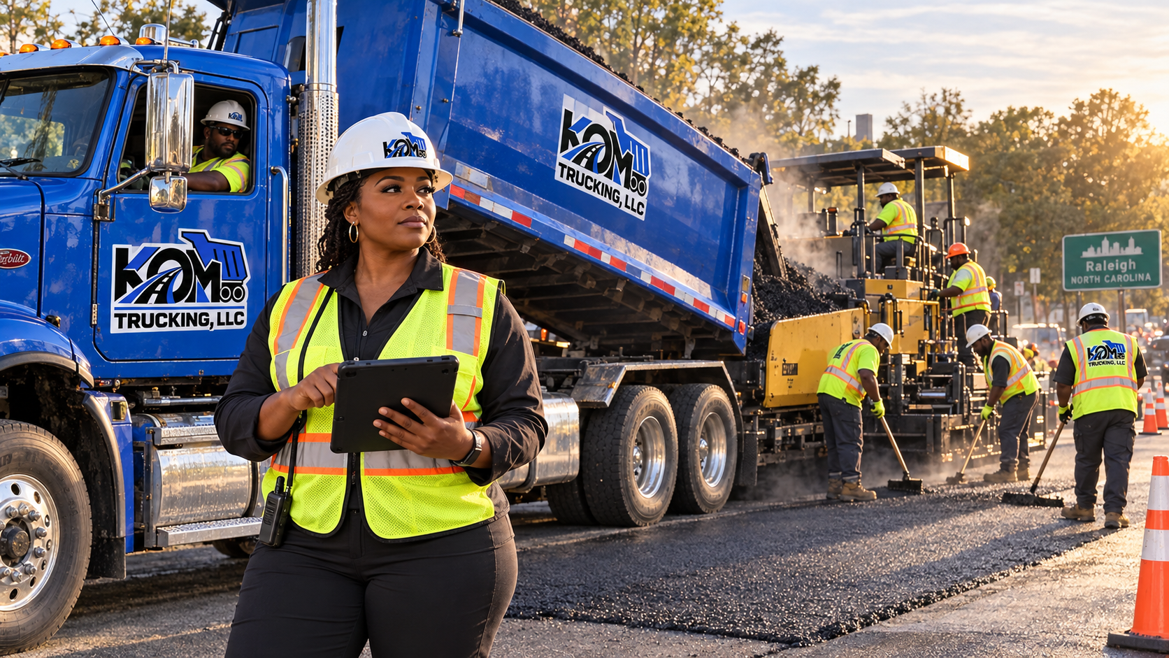 Professional construction team completing asphalt work